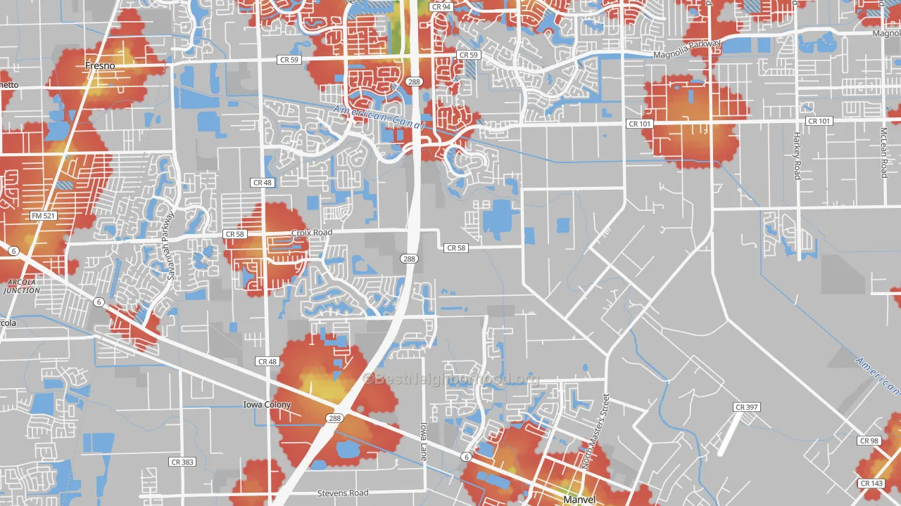 Walk Grade map of 77578, TX, walkable areas in green and car-dependent areas in red