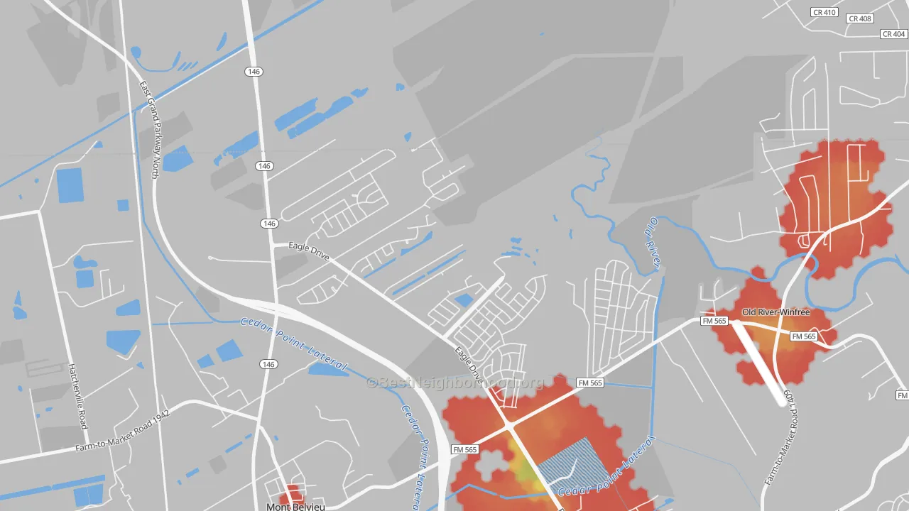 Walk Grade map of 77580, TX, walkable areas in green and car-dependent areas in red