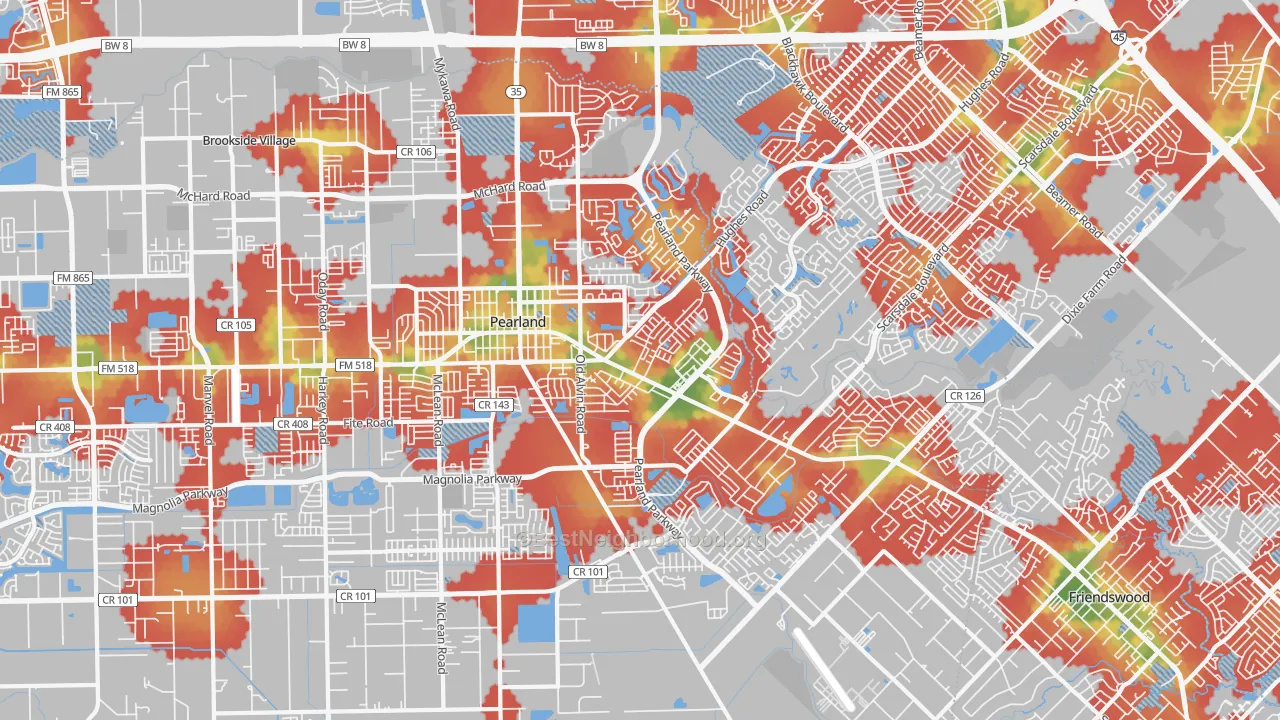 Walk Grade map of 77581, TX, walkable areas in green and car-dependent areas in red