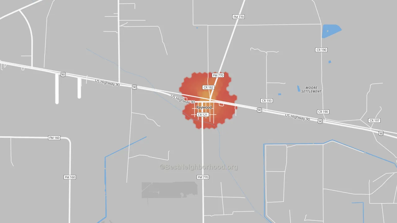 Walk Grade map of 77582, TX, walkable areas in green and car-dependent areas in red