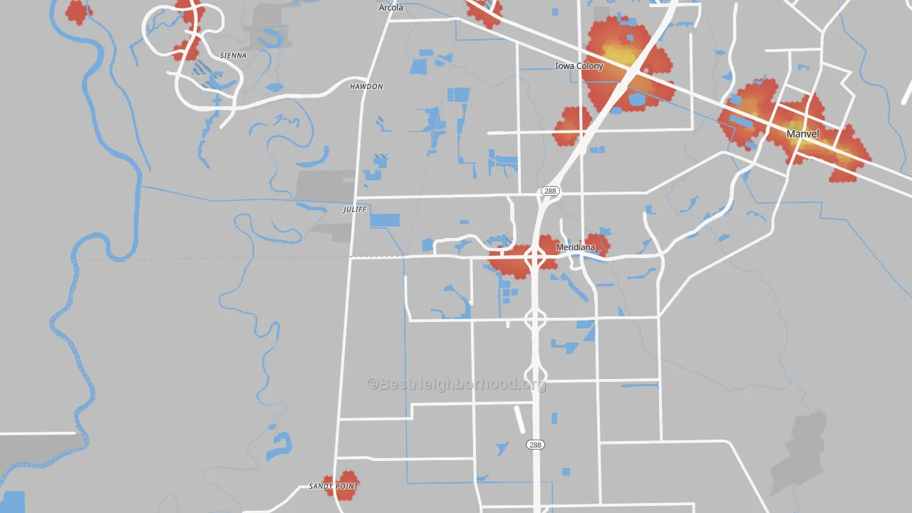 Walk Grade map of 77583, TX, walkable areas in green and car-dependent areas in red