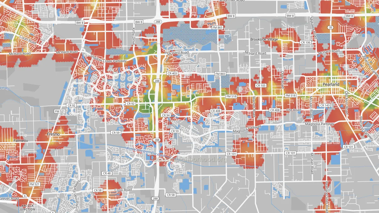 Walk Grade map of 77584, TX, walkable areas in green and car-dependent areas in red