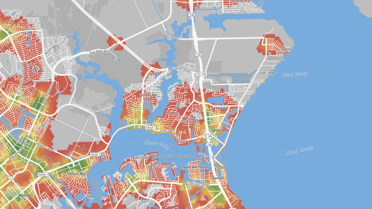 Walk Grade map of 77586, TX, walkable areas in green and car-dependent areas in red
