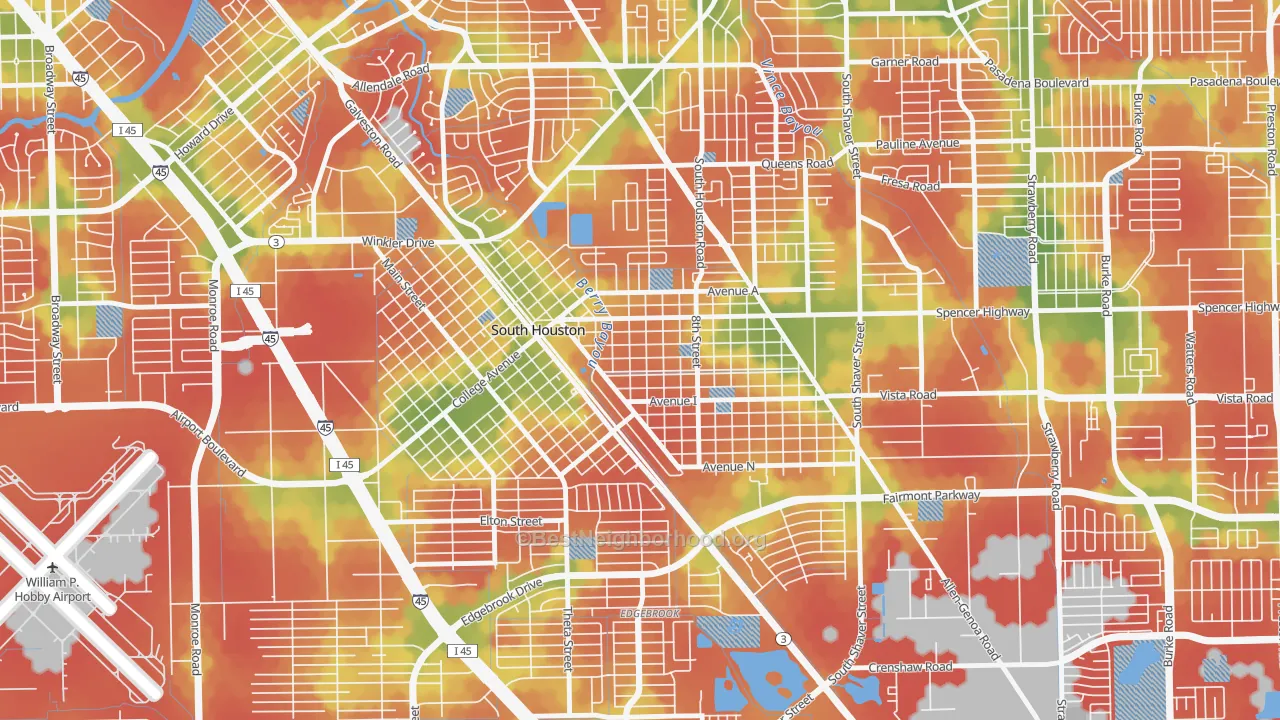 Walk Grade map of 77587, TX, walkable areas in green and car-dependent areas in red