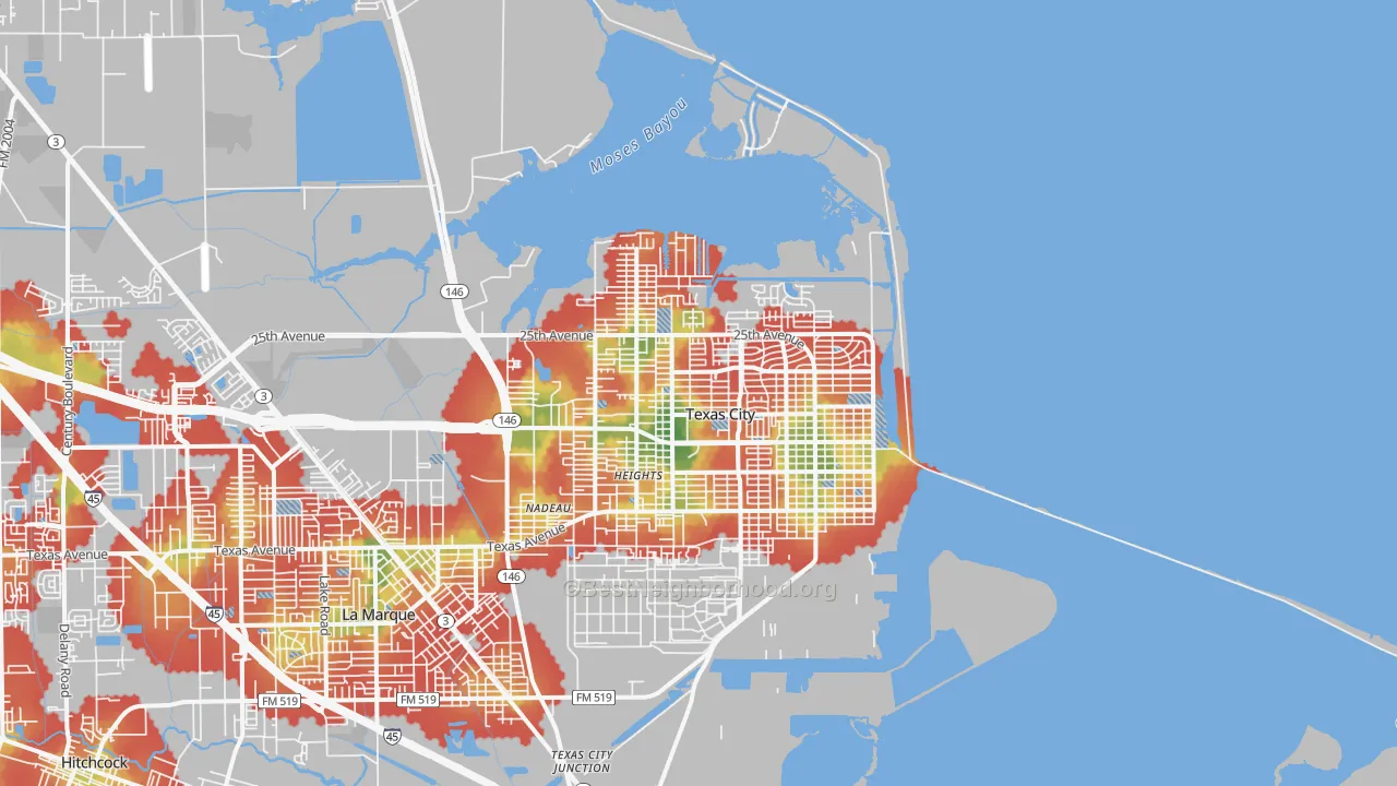Walk Grade map of 77590, TX, walkable areas in green and car-dependent areas in red