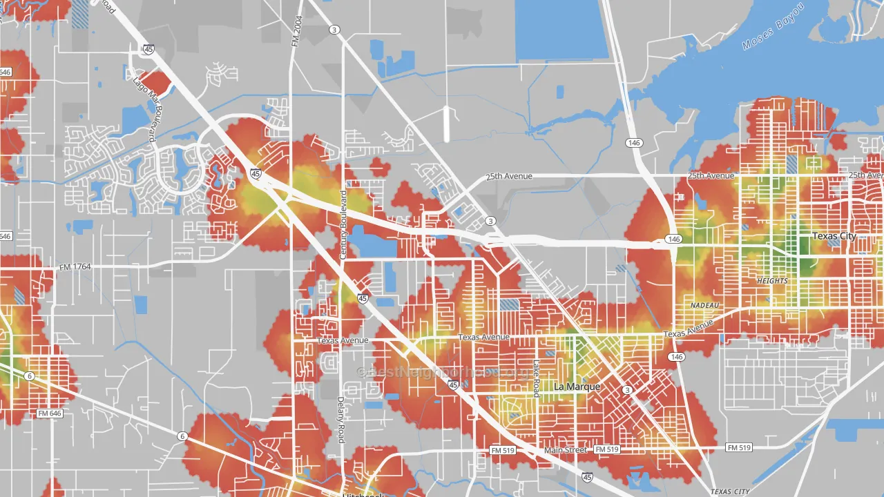 Walk Grade map of 77591, TX, walkable areas in green and car-dependent areas in red