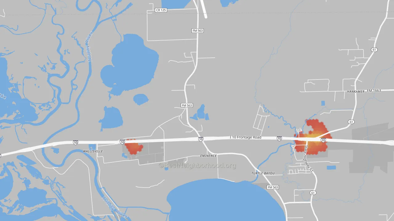 Walk Grade map of 77597, TX, walkable areas in green and car-dependent areas in red