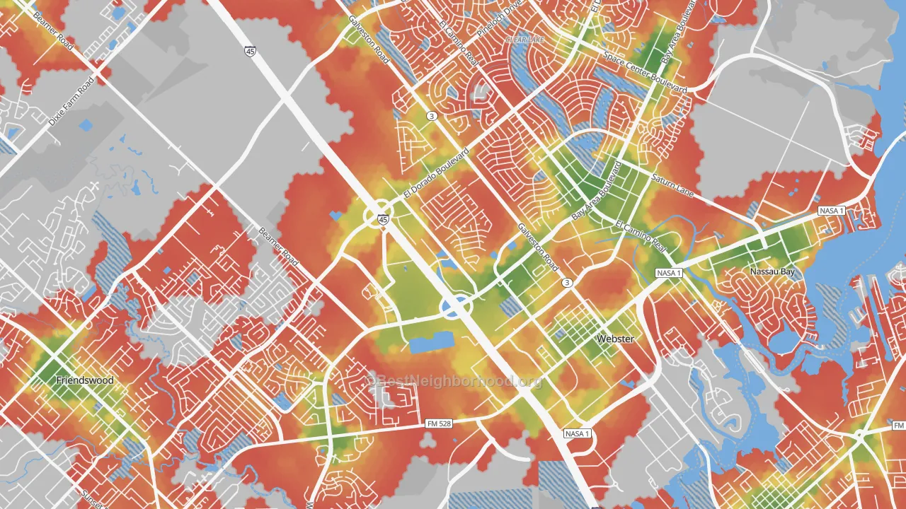 Walk Grade map of 77598, TX, walkable areas in green and car-dependent areas in red