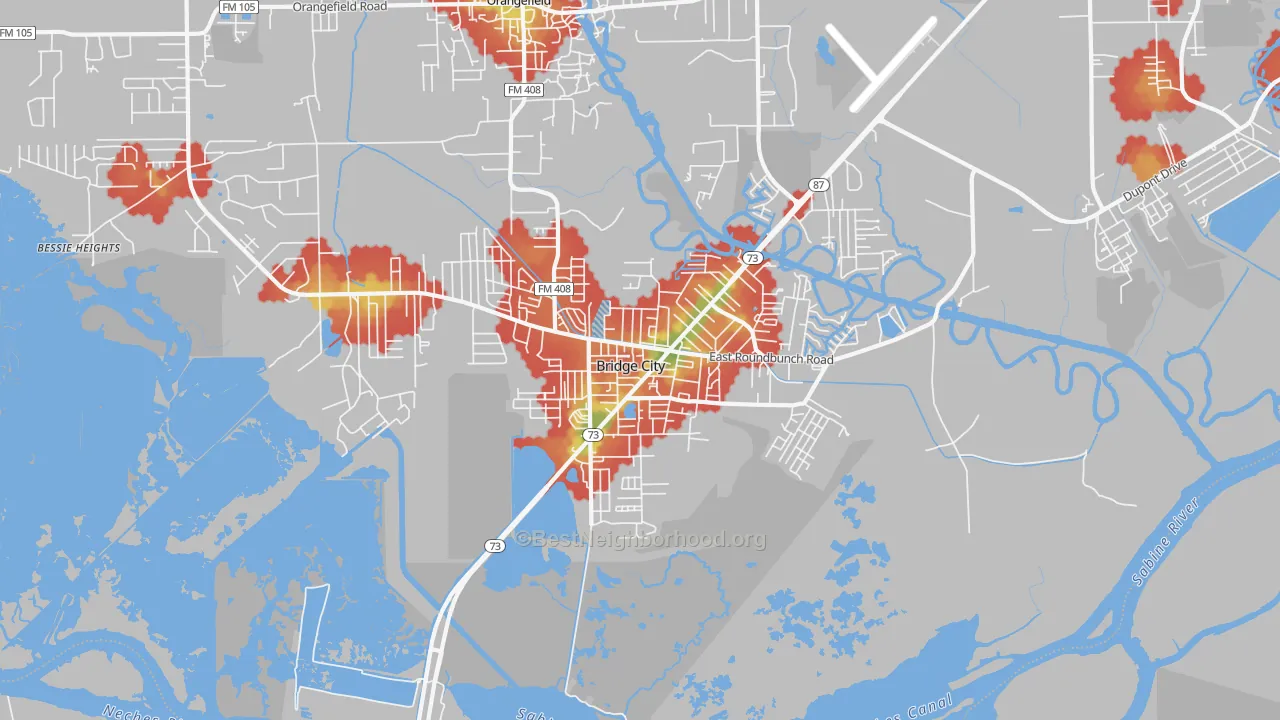 Walk Grade map of 77611, TX, walkable areas in green and car-dependent areas in red