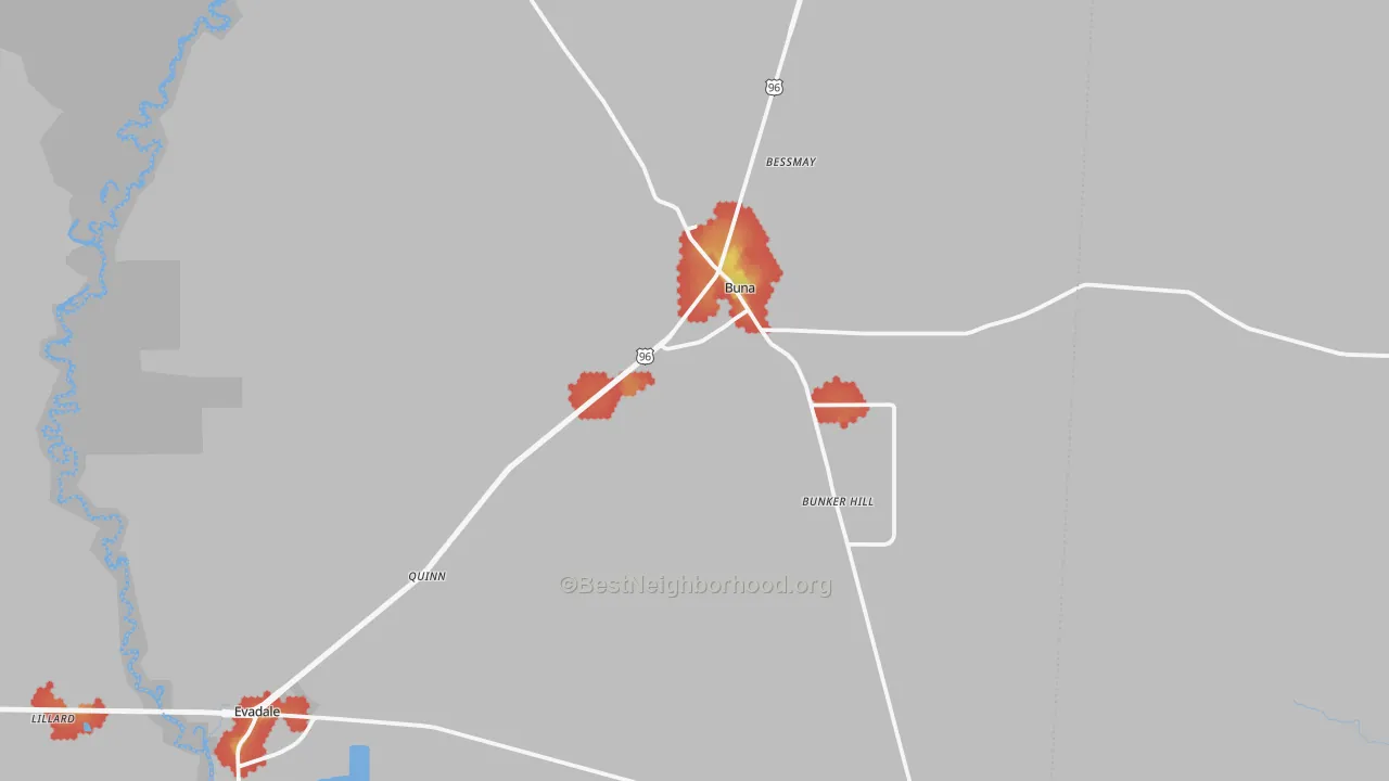 Walk Grade map of 77612, TX, walkable areas in green and car-dependent areas in red