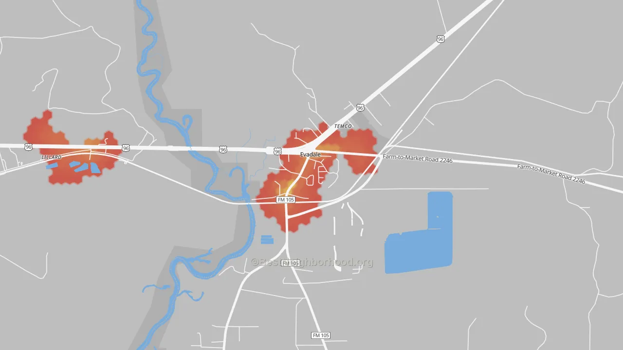 Walk Grade map of 77615, TX, walkable areas in green and car-dependent areas in red