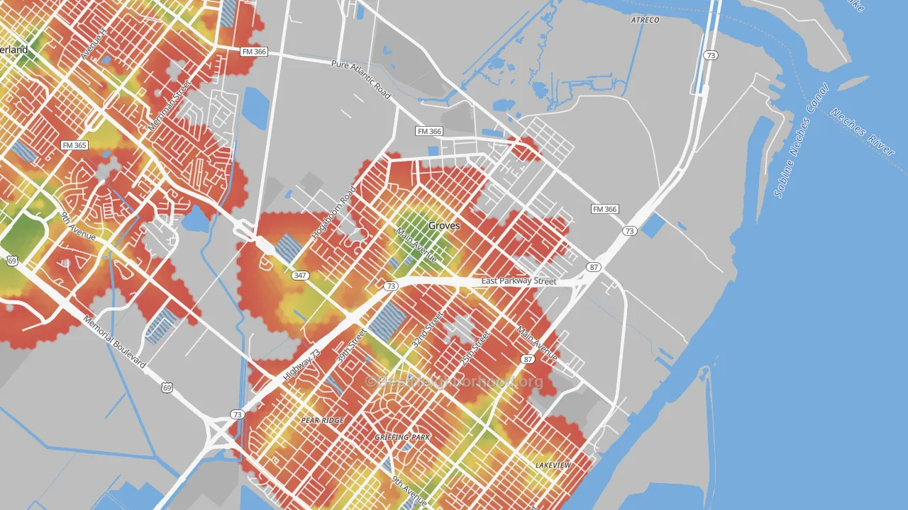 Walk Grade map of 77619, TX, walkable areas in green and car-dependent areas in red