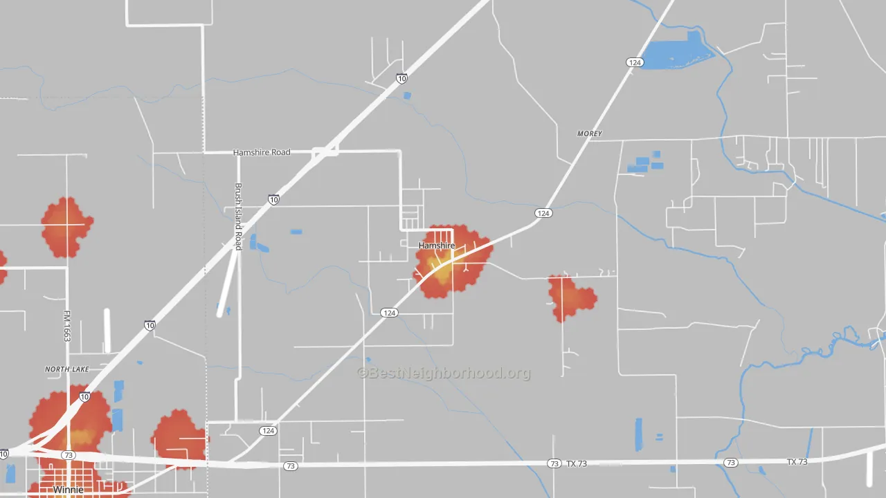 Walk Grade map of 77622, TX, walkable areas in green and car-dependent areas in red