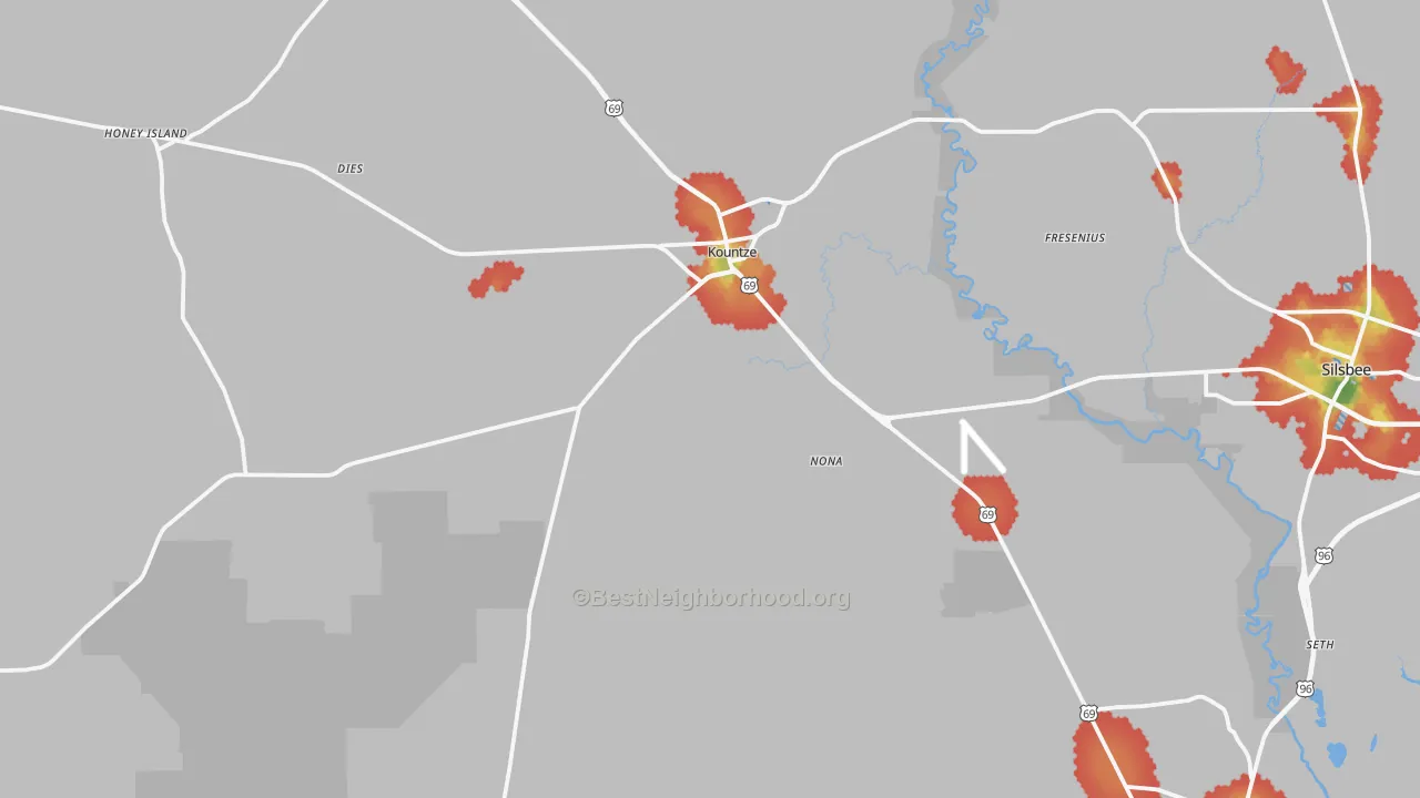 Walk Grade map of 77625, TX, walkable areas in green and car-dependent areas in red