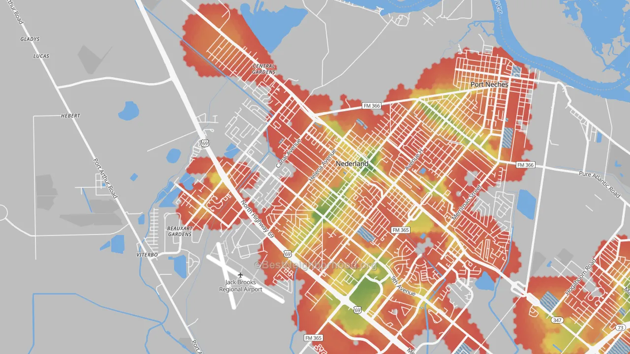Walk Grade map of 77627, TX, walkable areas in green and car-dependent areas in red
