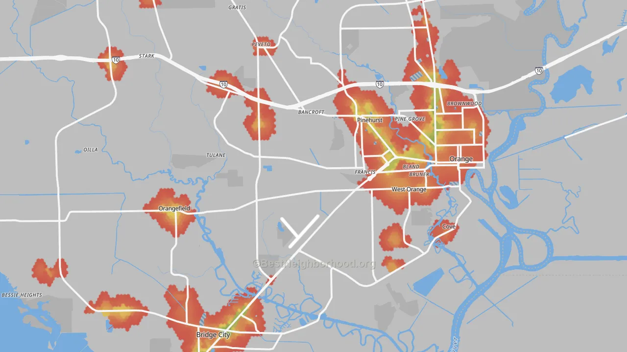 Walk Grade map of 77630, TX, walkable areas in green and car-dependent areas in red