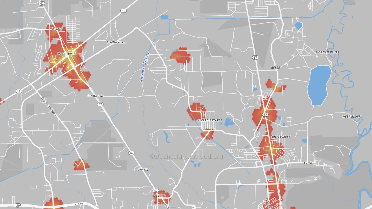 Walk Grade map of 77632, TX, walkable areas in green and car-dependent areas in red