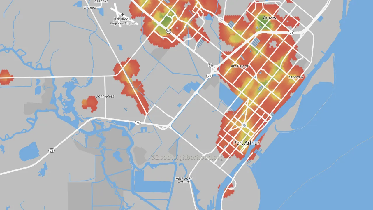 Walk Grade map of 77640, TX, walkable areas in green and car-dependent areas in red