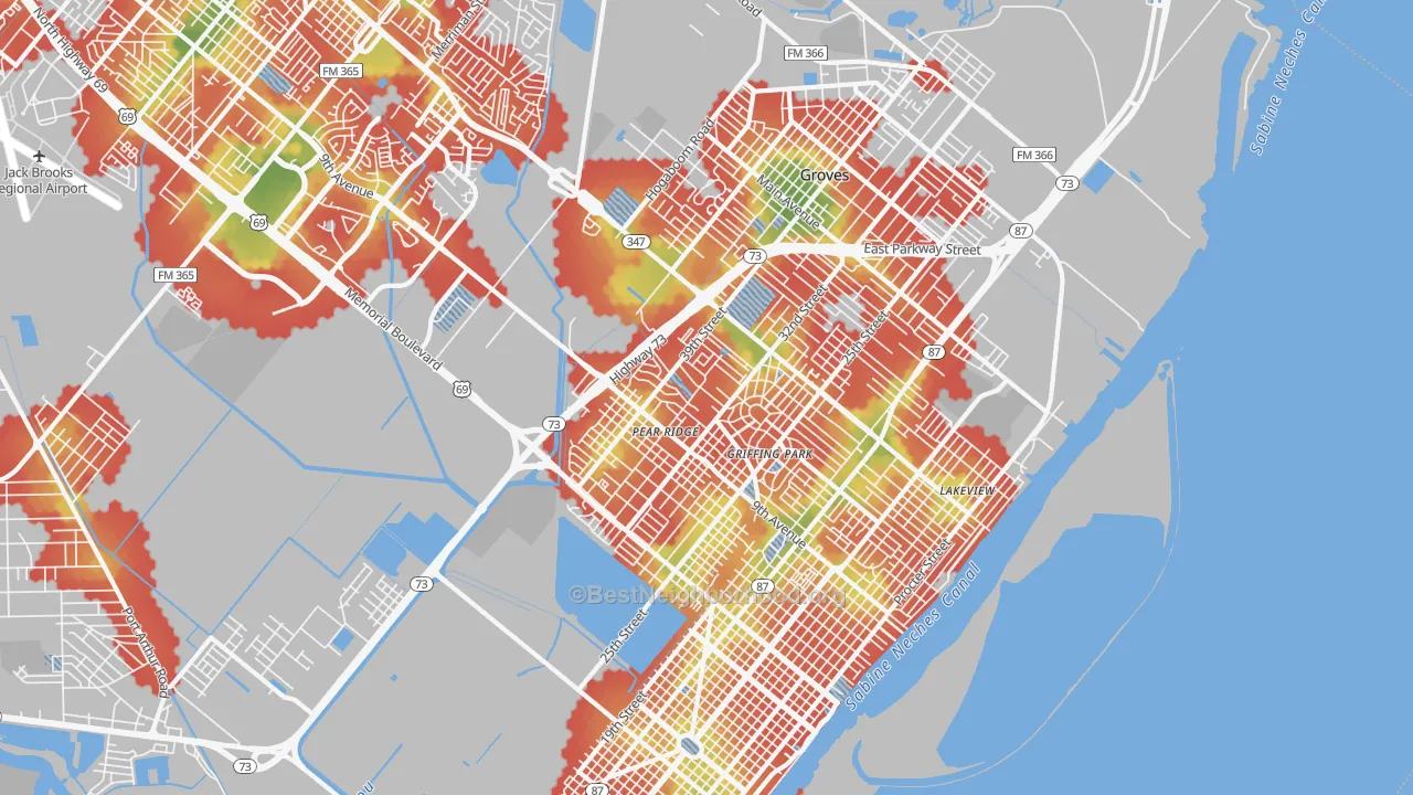 Walk Grade map of 77642, TX, walkable areas in green and car-dependent areas in red