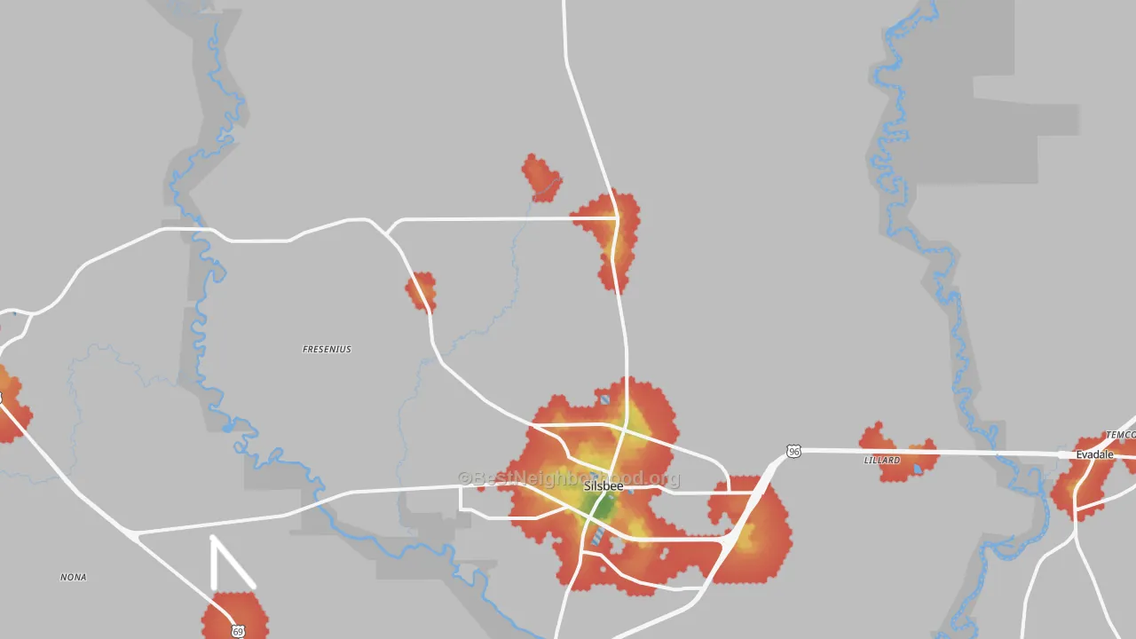 Walk Grade map of 77656, TX, walkable areas in green and car-dependent areas in red