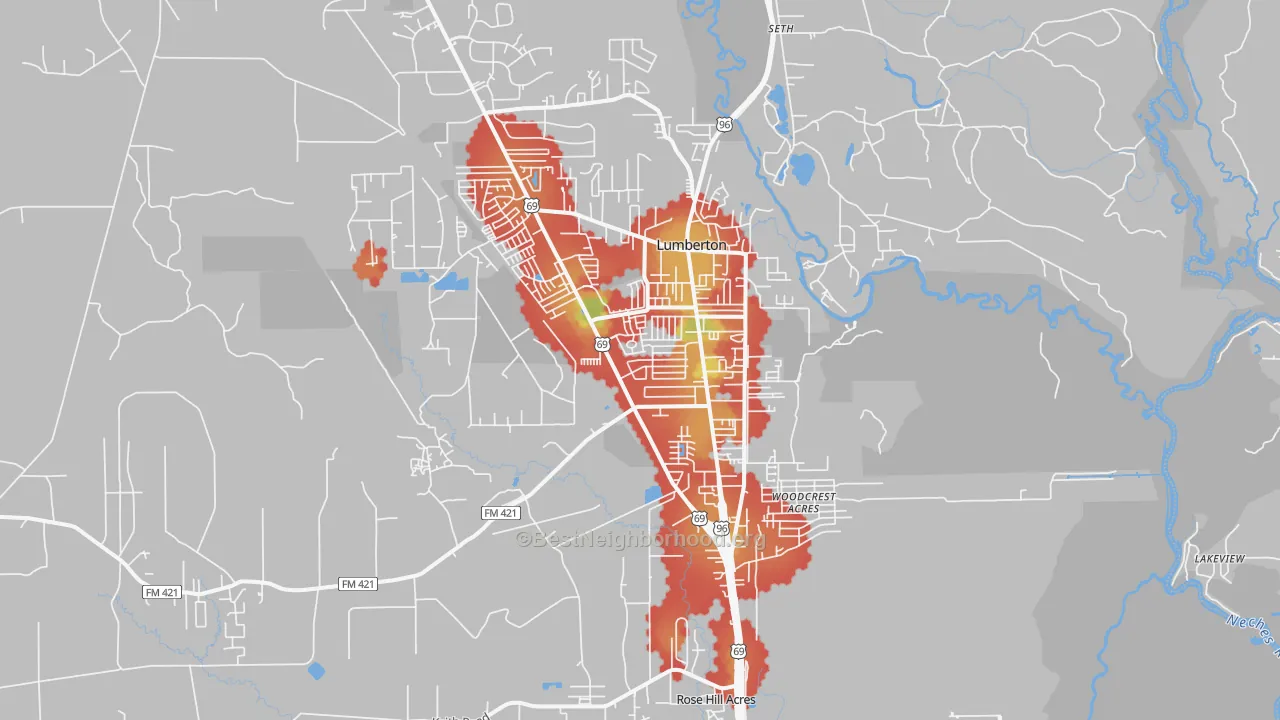 Walk Grade map of 77657, TX, walkable areas in green and car-dependent areas in red
