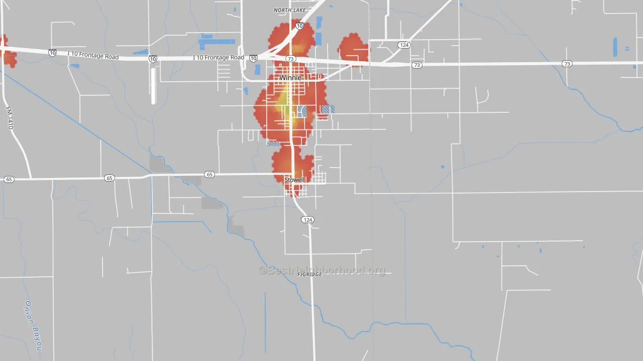 Walk Grade map of 77661, TX, walkable areas in green and car-dependent areas in red
