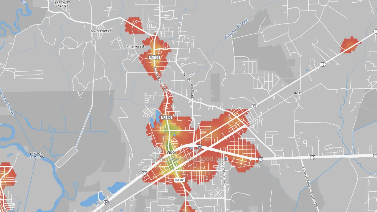 Walk Grade map of 77662, TX, walkable areas in green and car-dependent areas in red
