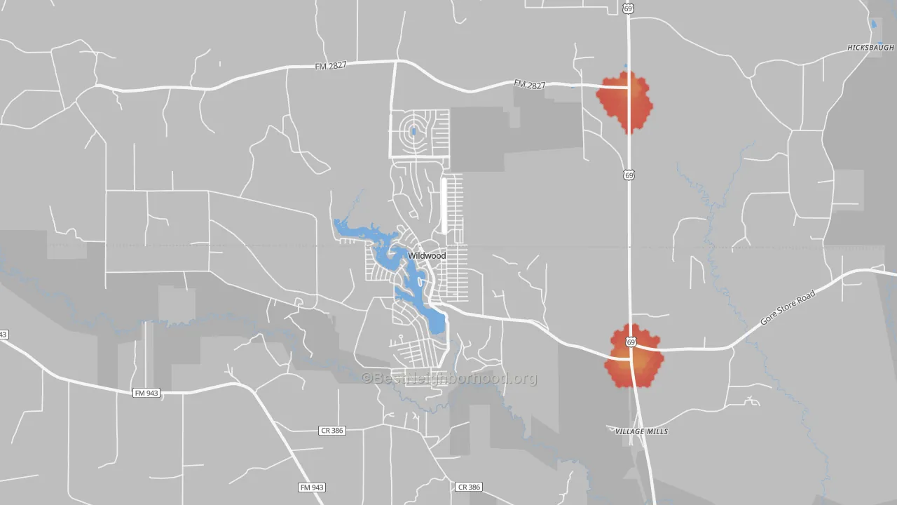 Walk Grade map of 77663, TX, walkable areas in green and car-dependent areas in red