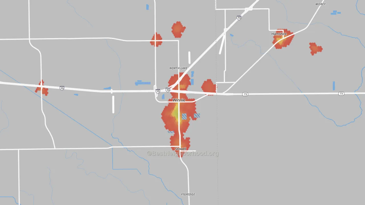 Walk Grade map of 77665, TX, walkable areas in green and car-dependent areas in red
