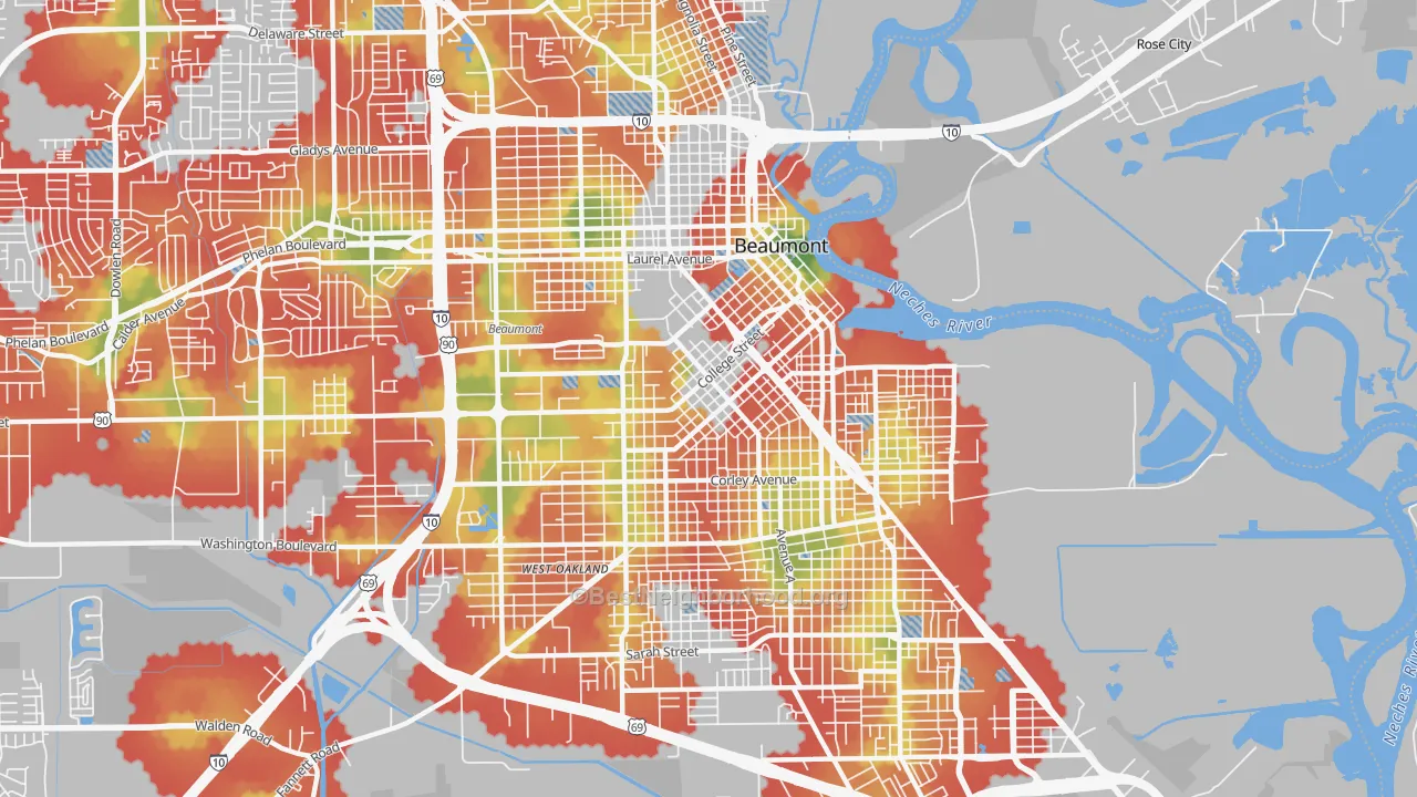 Walk Grade map of 77701, TX, walkable areas in green and car-dependent areas in red