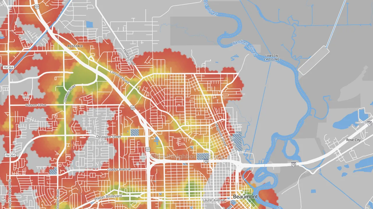 Walk Grade map of 77703, TX, walkable areas in green and car-dependent areas in red