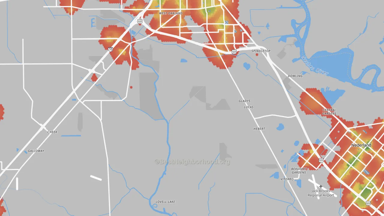 Walk Grade map of 77705, TX, walkable areas in green and car-dependent areas in red