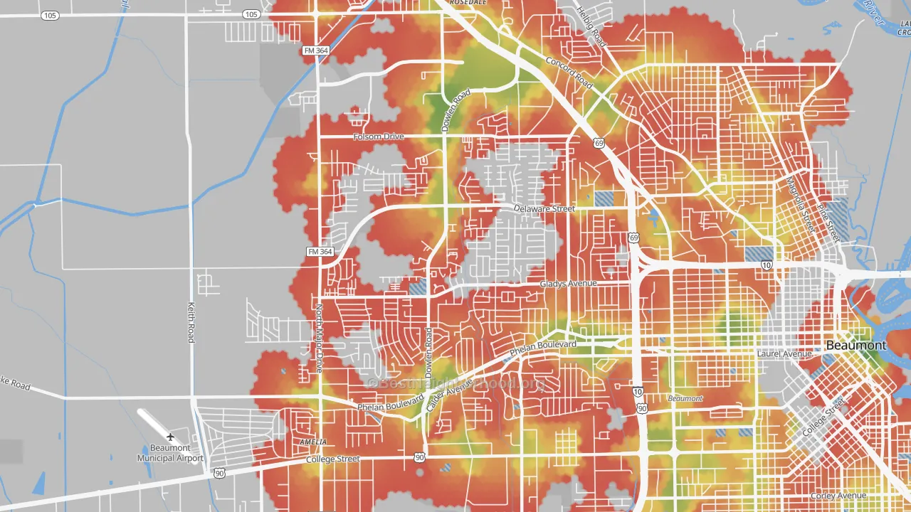 Walk Grade map of 77706, TX, walkable areas in green and car-dependent areas in red