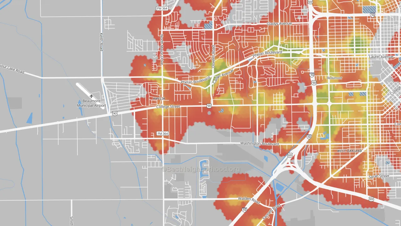 Walk Grade map of 77707, TX, walkable areas in green and car-dependent areas in red
