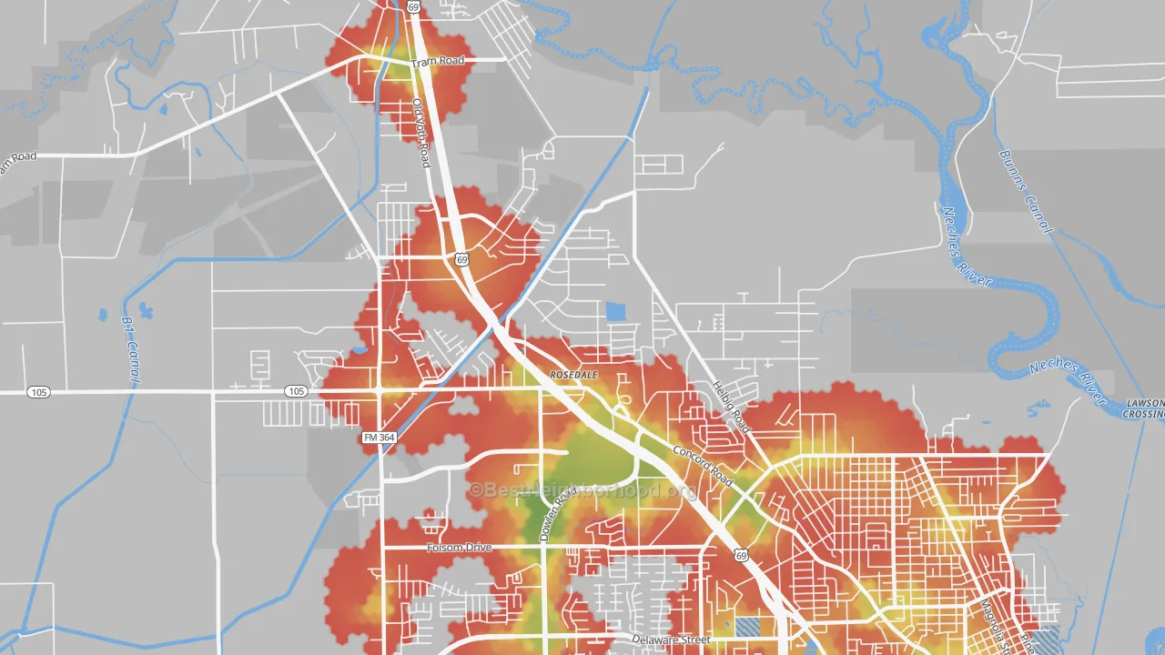 Walk Grade map of 77708, TX, walkable areas in green and car-dependent areas in red