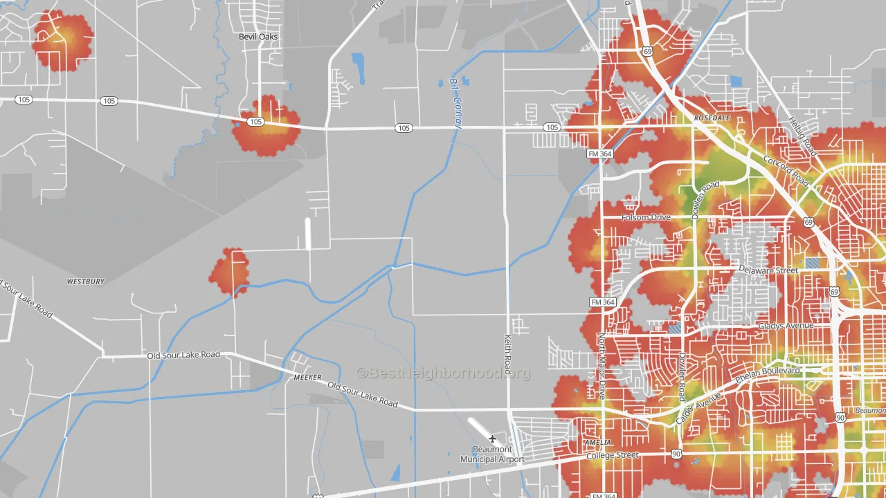 Walk Grade map of 77713, TX, walkable areas in green and car-dependent areas in red