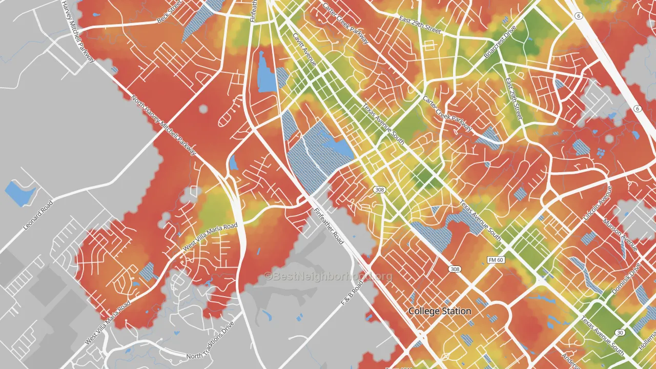 Walk Grade map of 77801, TX, walkable areas in green and car-dependent areas in red