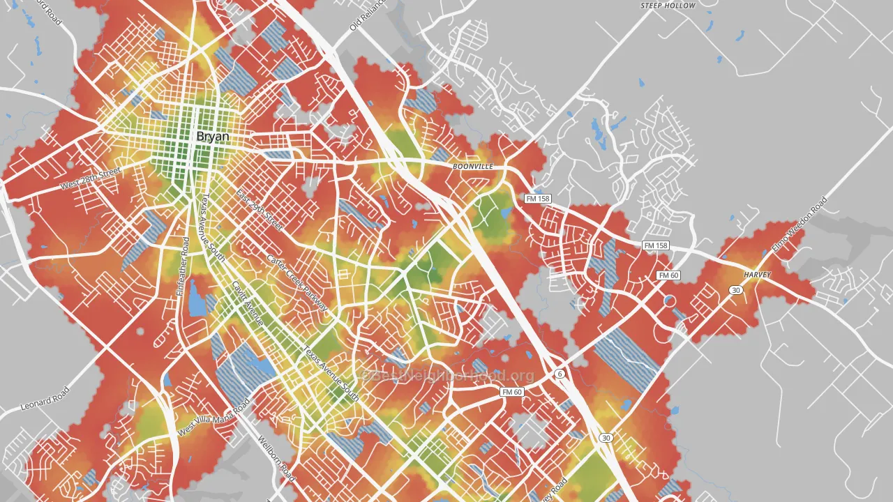 Walk Grade map of 77802, TX, walkable areas in green and car-dependent areas in red