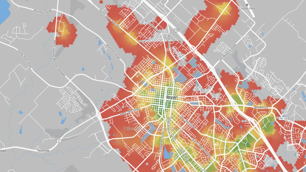 Walk Grade map of 77803, TX, walkable areas in green and car-dependent areas in red