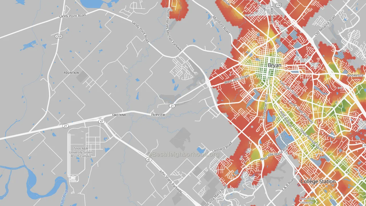 Walk Grade map of 77807, TX, walkable areas in green and car-dependent areas in red