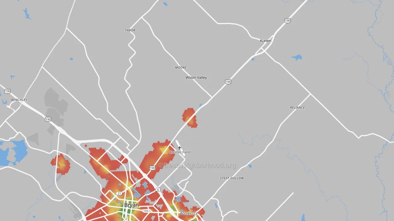 Walk Grade map of 77808, TX, walkable areas in green and car-dependent areas in red