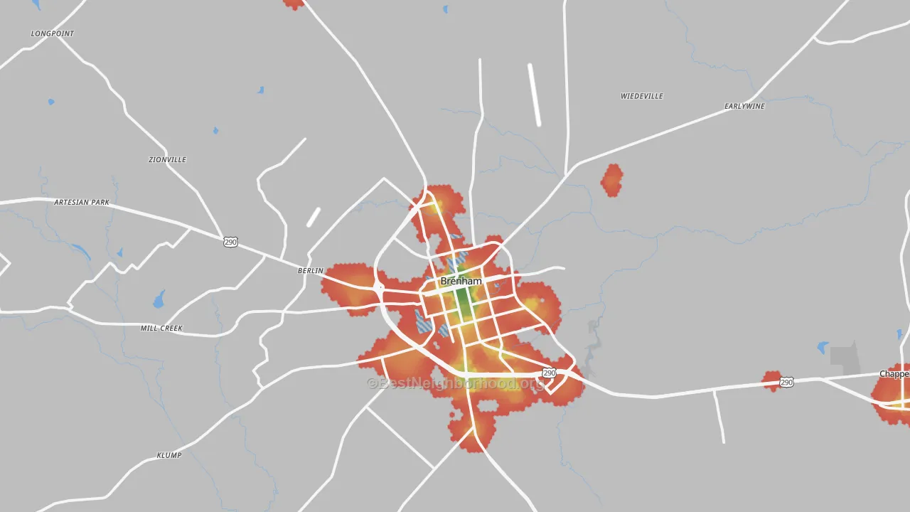 Walk Grade map of 77833, TX, walkable areas in green and car-dependent areas in red