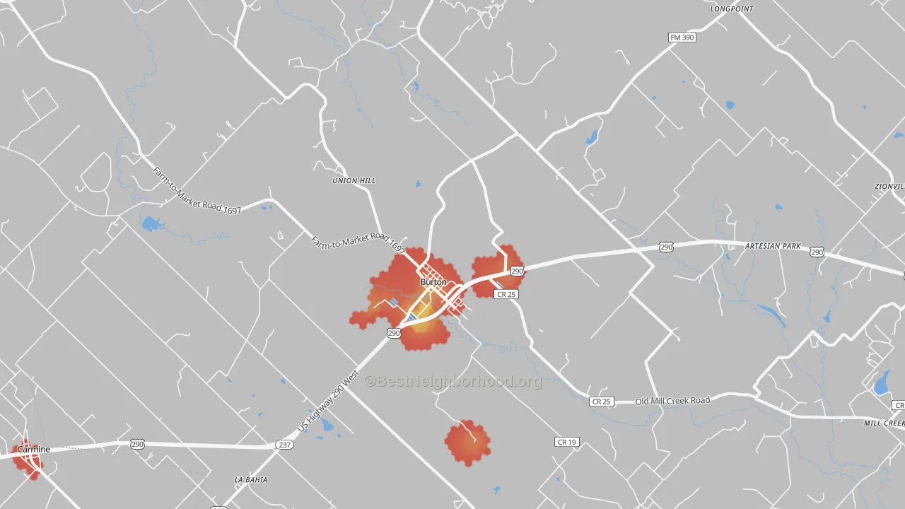 Walk Grade map of 77835, TX, walkable areas in green and car-dependent areas in red