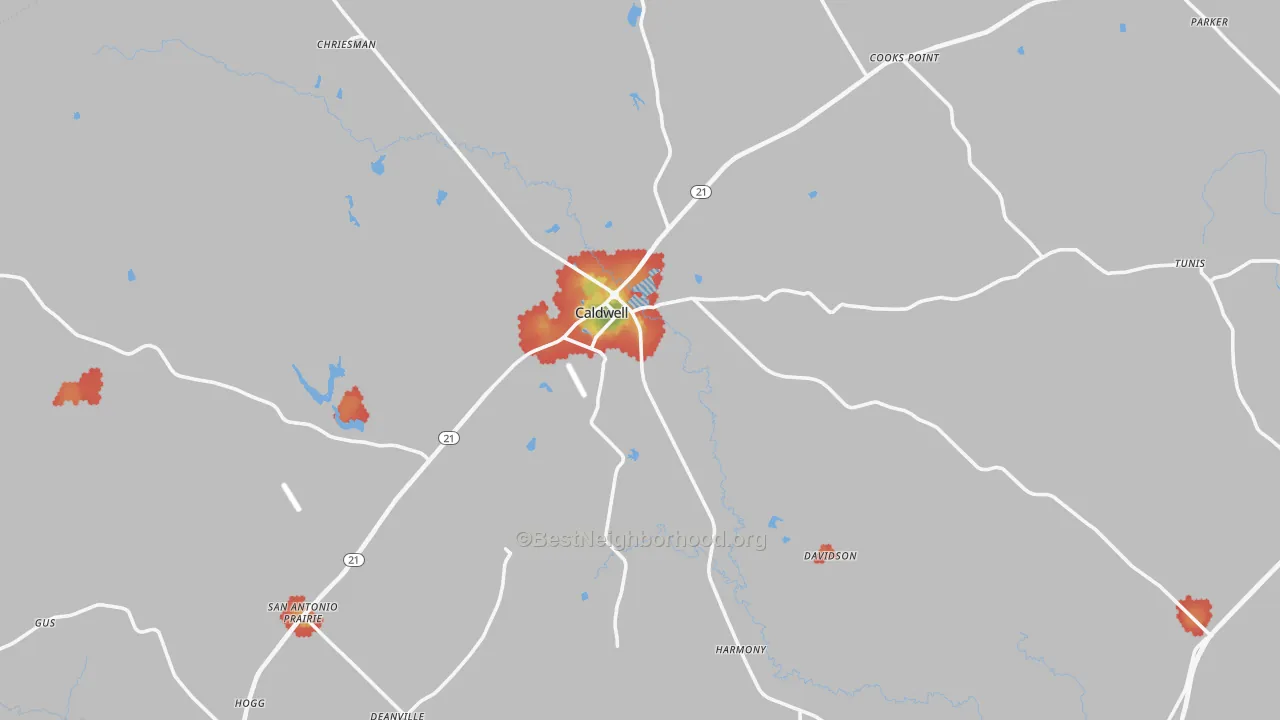 Walk Grade map of 77836, TX, walkable areas in green and car-dependent areas in red