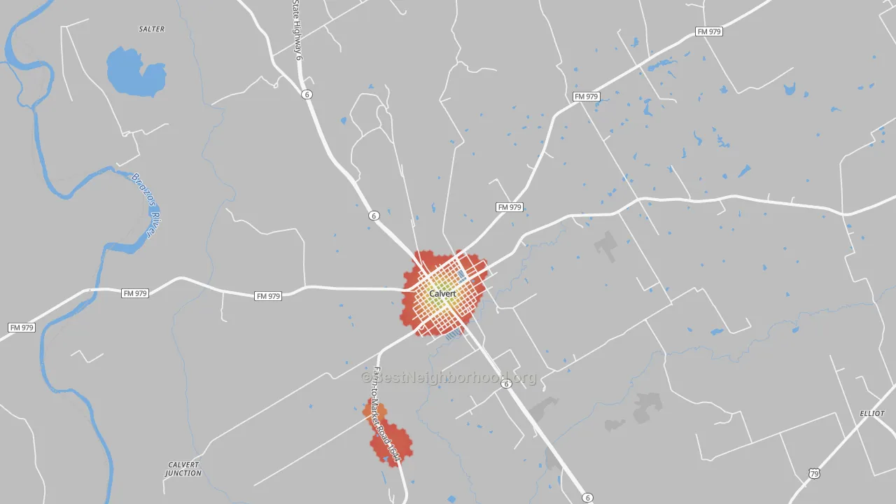 Walk Grade map of 77837, TX, walkable areas in green and car-dependent areas in red