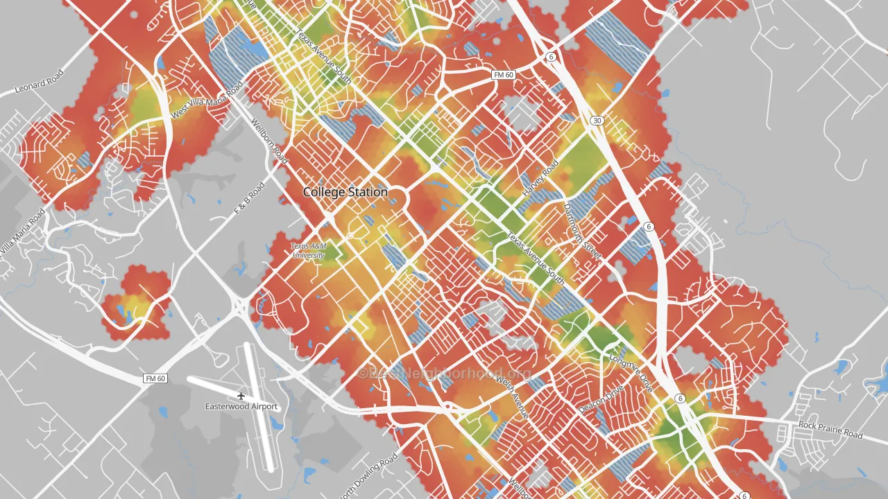 Walk Grade map of 77840, TX, walkable areas in green and car-dependent areas in red