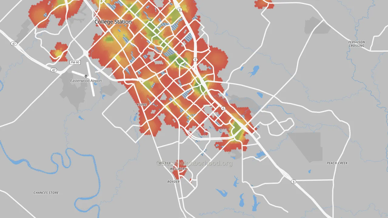 Walk Grade map of 77845, TX, walkable areas in green and car-dependent areas in red