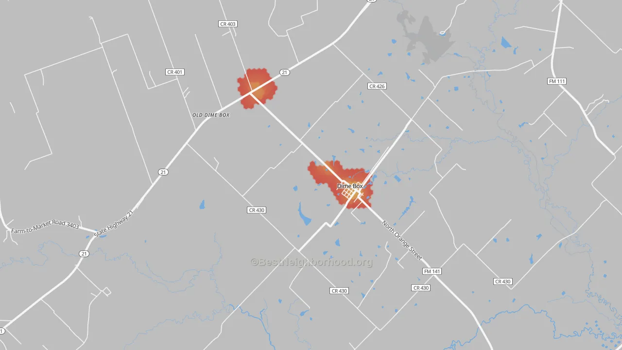 Walk Grade map of 77853, TX, walkable areas in green and car-dependent areas in red
