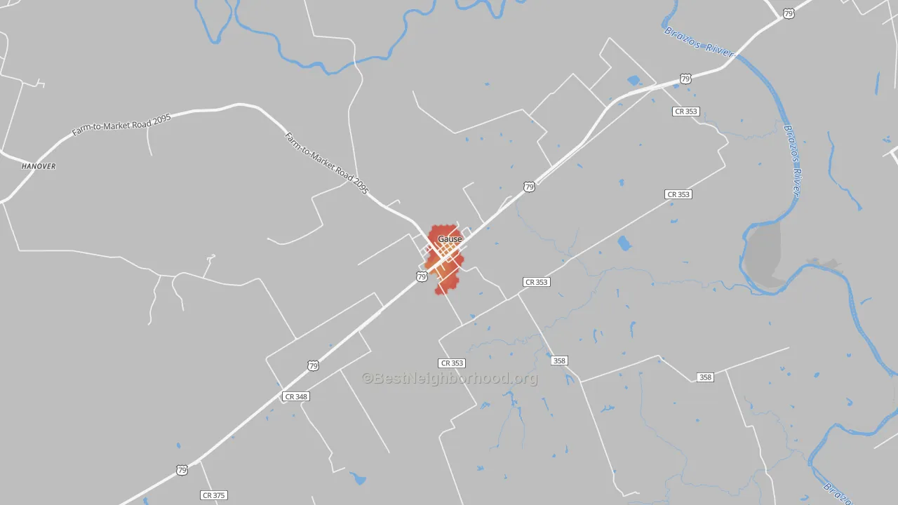 Walk Grade map of 77857, TX, walkable areas in green and car-dependent areas in red