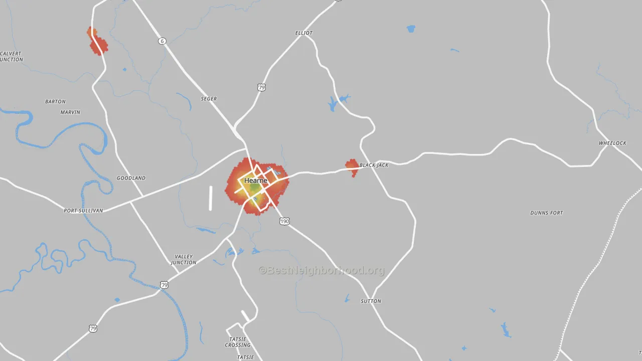 Walk Grade map of 77859, TX, walkable areas in green and car-dependent areas in red